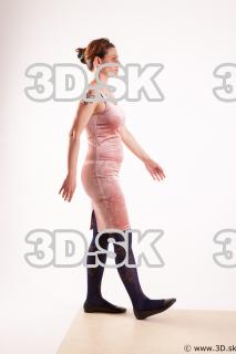 Walking reference of whole body pink dress purple tights black…